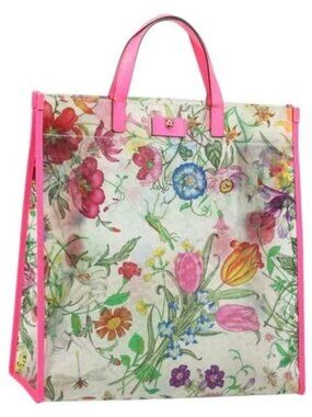 GUCCI Flora Pattern Hand Bag Vinyl Clear Pink 548713 Auth mr2229